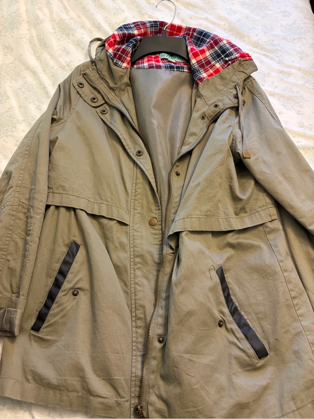 Olive Green Hooded Anorak Jacket - Plaid Lined